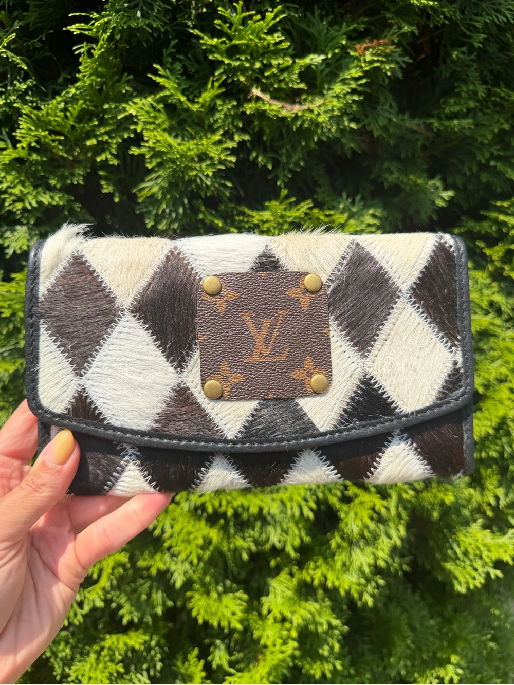 Upcycled Louis Vuitton Patch Black & White Diamond Cowhide Wallet - Picture 3 of 15